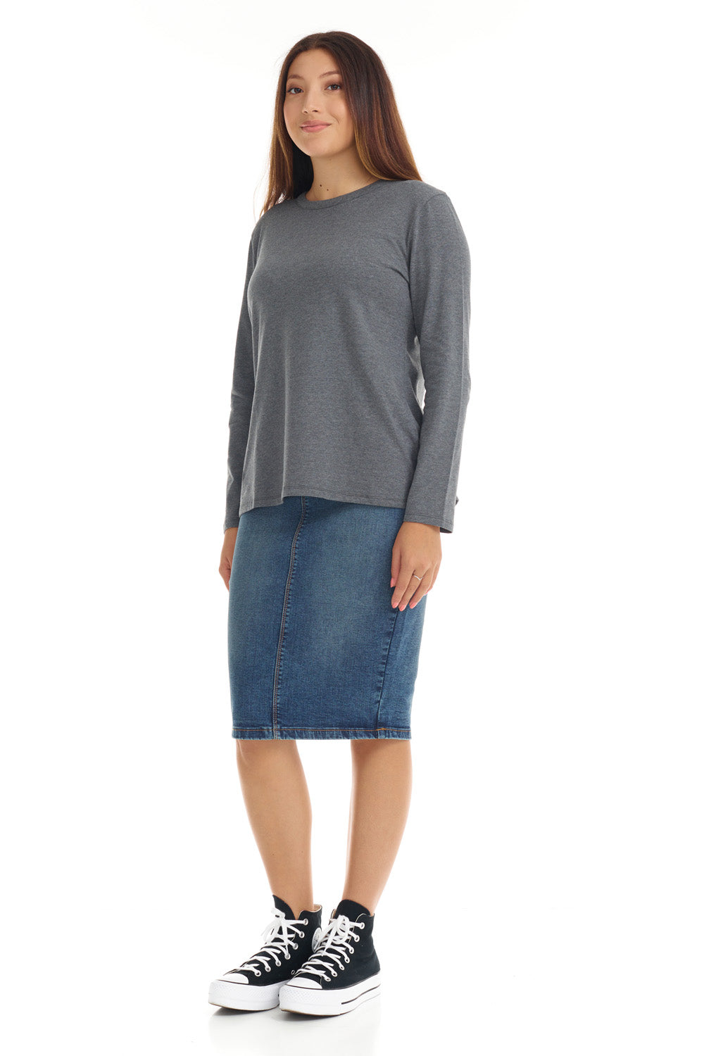 Charcoal Grey Long Sleeve Cotton T-shirt Top for Women