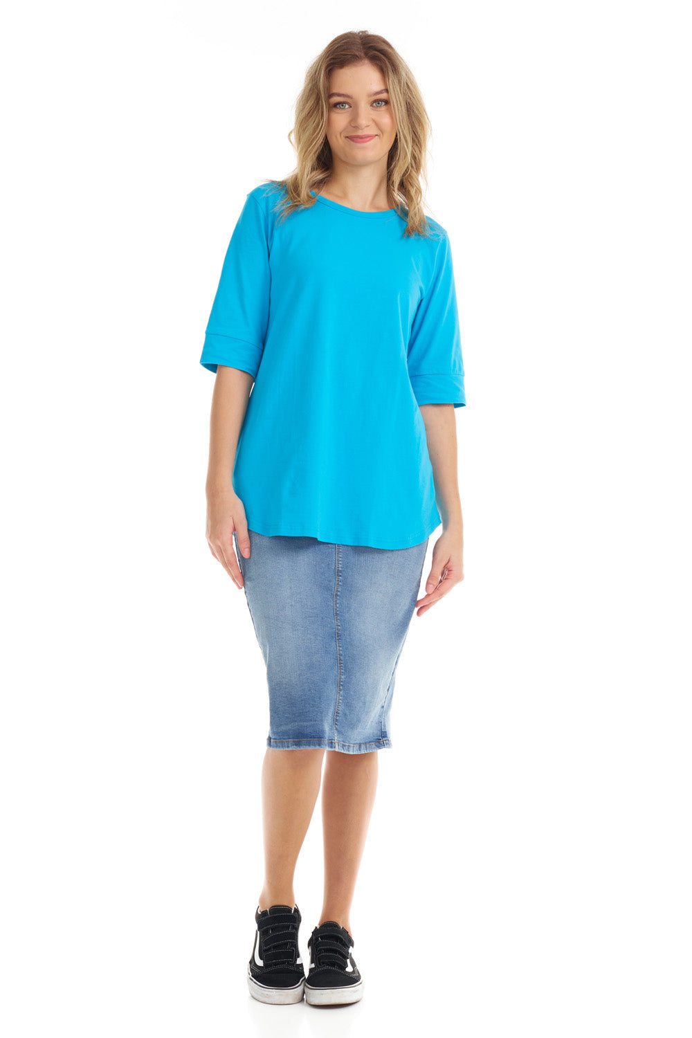 vibrant blue crew neck top for women with cuff sleeve