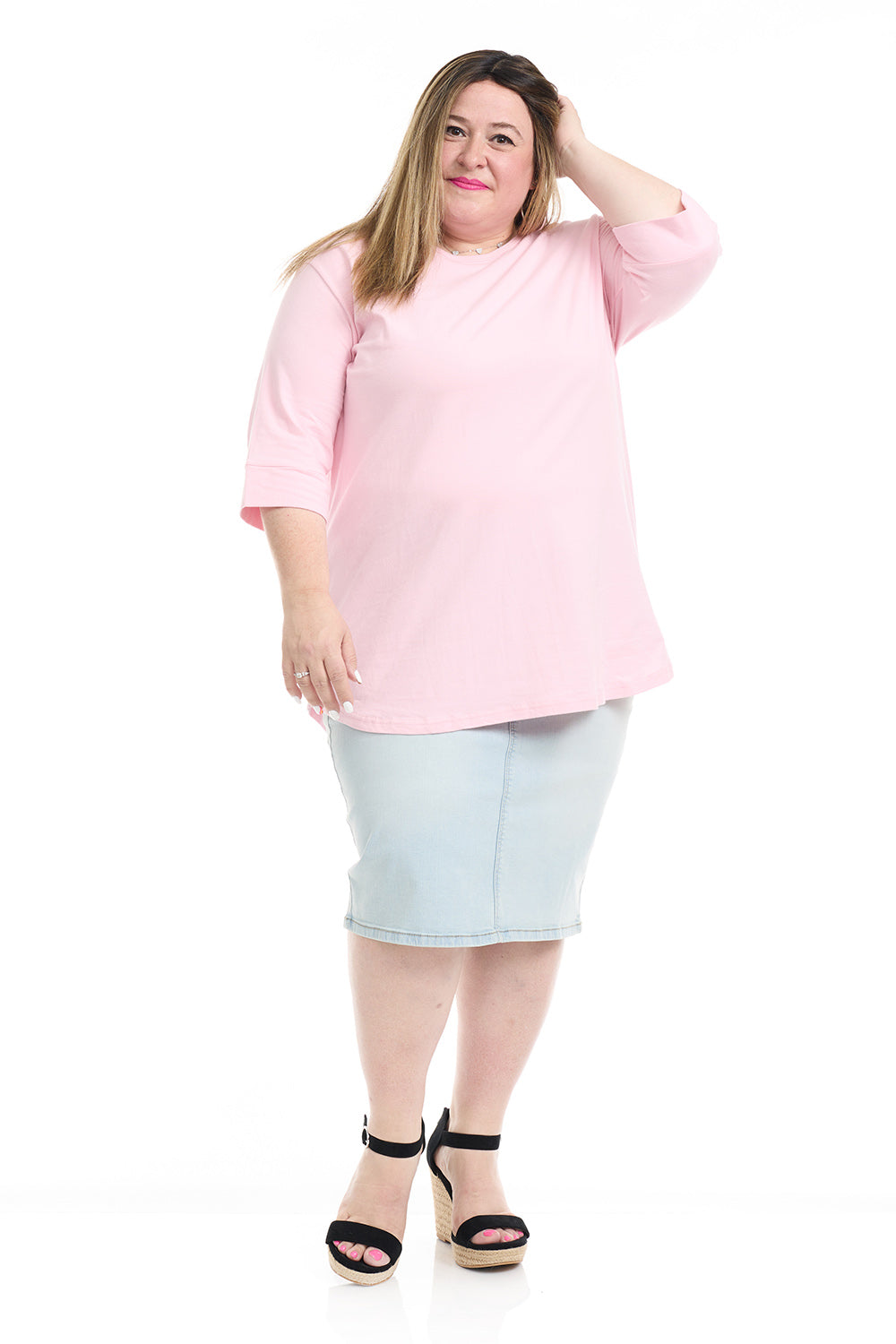 pink elbow sleeve plus size cotton tee with cuff sleeve for women