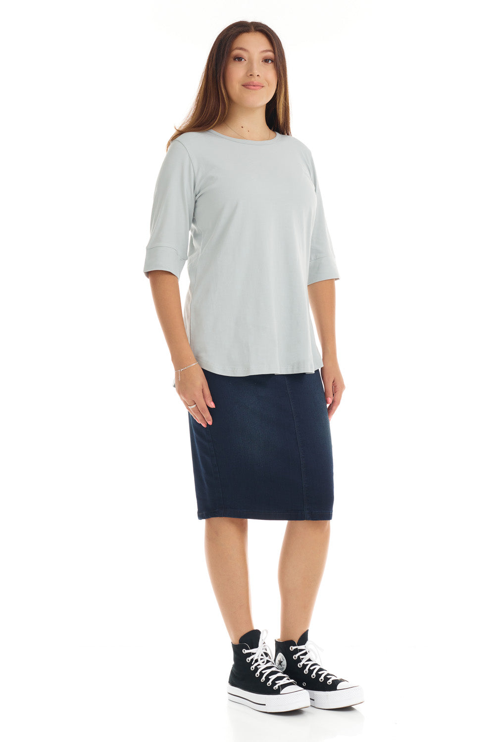 light gray crew neck top for women with cuff sleeve