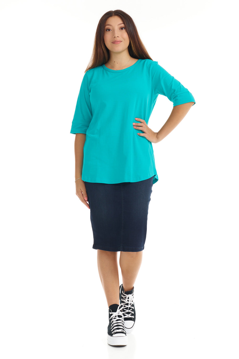 teal crew neck top for women with cuff sleeve