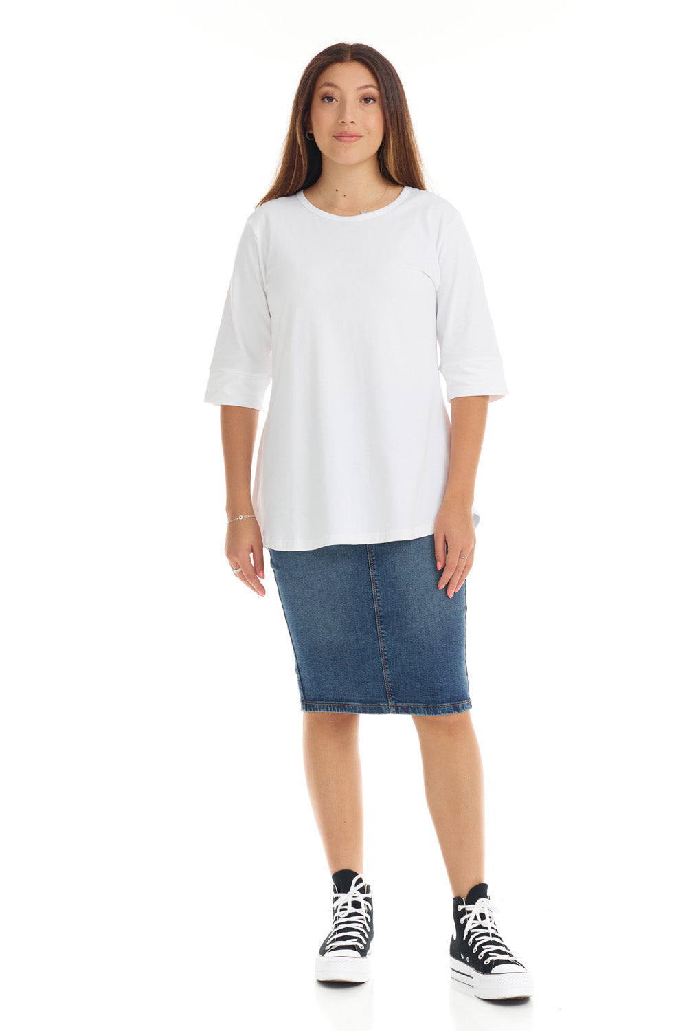 white crew neck top for women with cuff sleeve