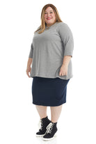 navy blue plus size below the knee tight pencil jean skirt with faux pockets