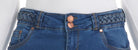 blue a-line denim jean skirt with 2 buttons and a braided belt waistline with loops