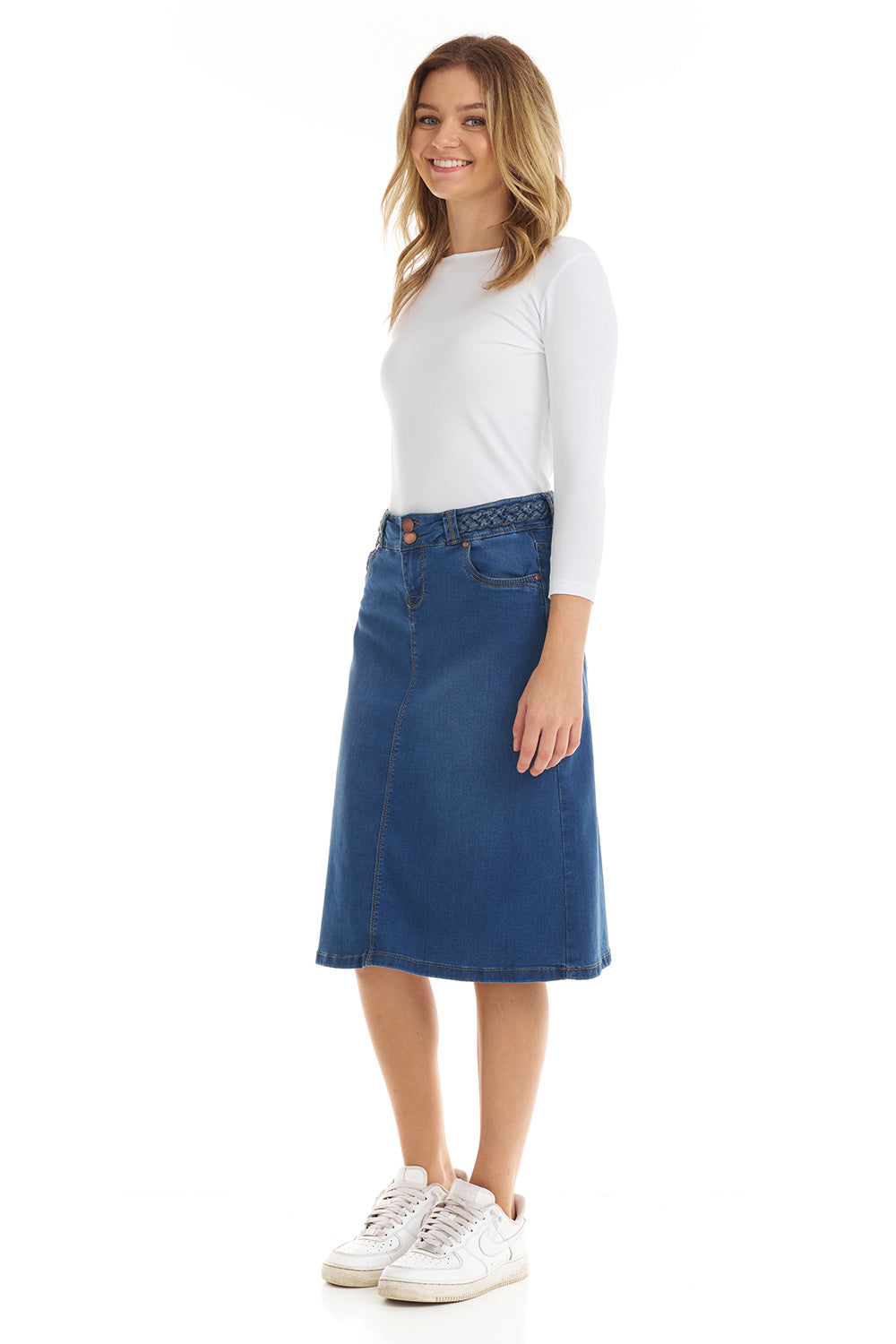 blue classic 5 pocket below the knee A-line denim jean skirt with contrast stitching and woven braided belt