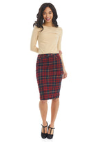 below the knee classic Plaid denim jean skirt, Soft Stretchy with front faux pockets, real back pockets and small slit in the back