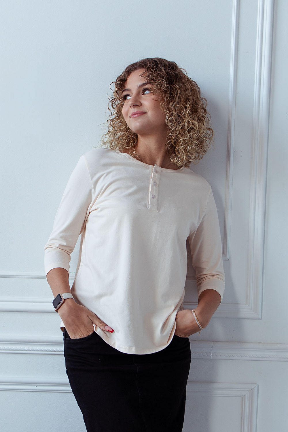 Beige cotton Henley 3/4 sleeve t-shirt top with buttons 