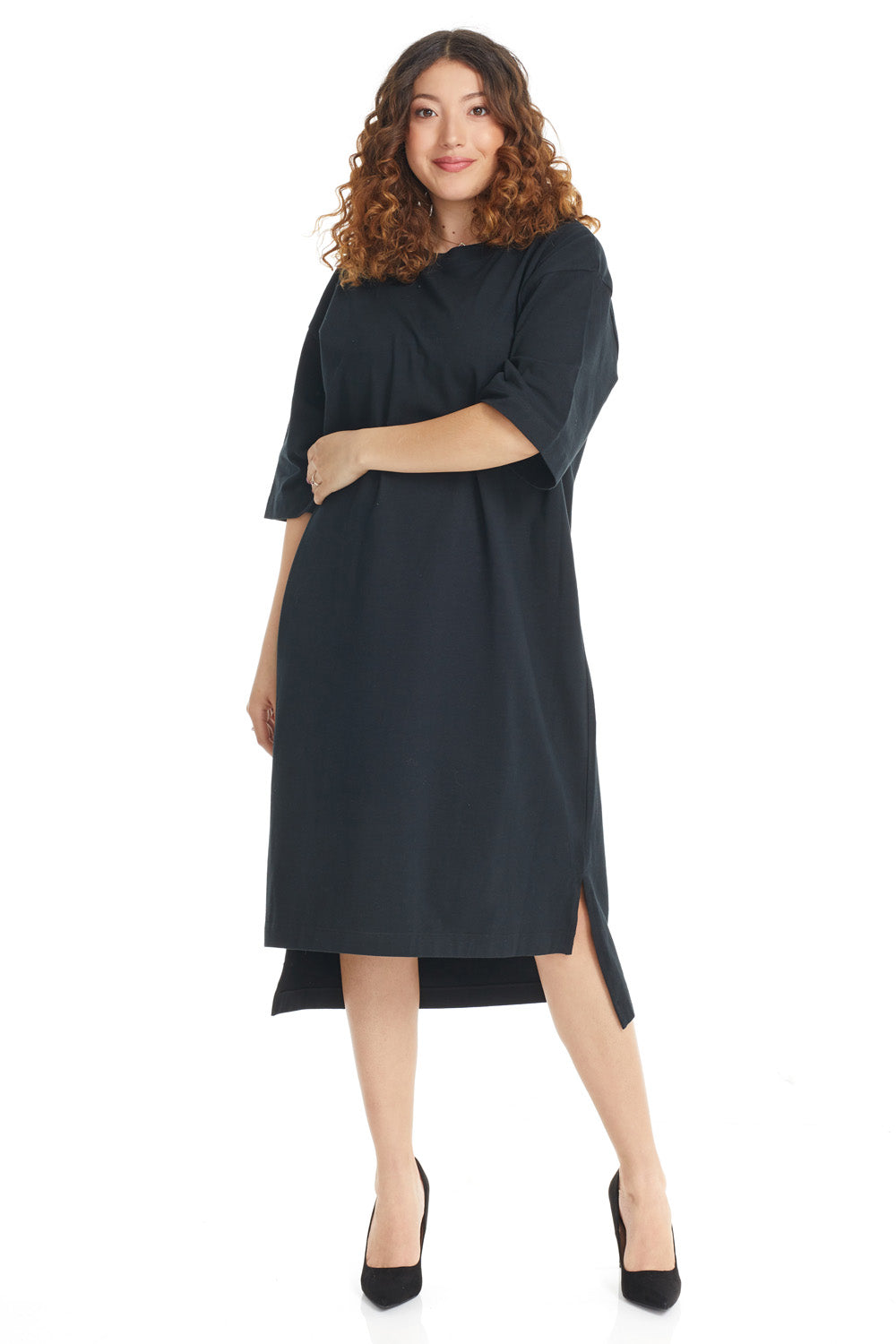 ESTEEZ Oversized High Low Dress Women s Midi Cotton 3 4 Sleeve T Shirt Dress Black Small