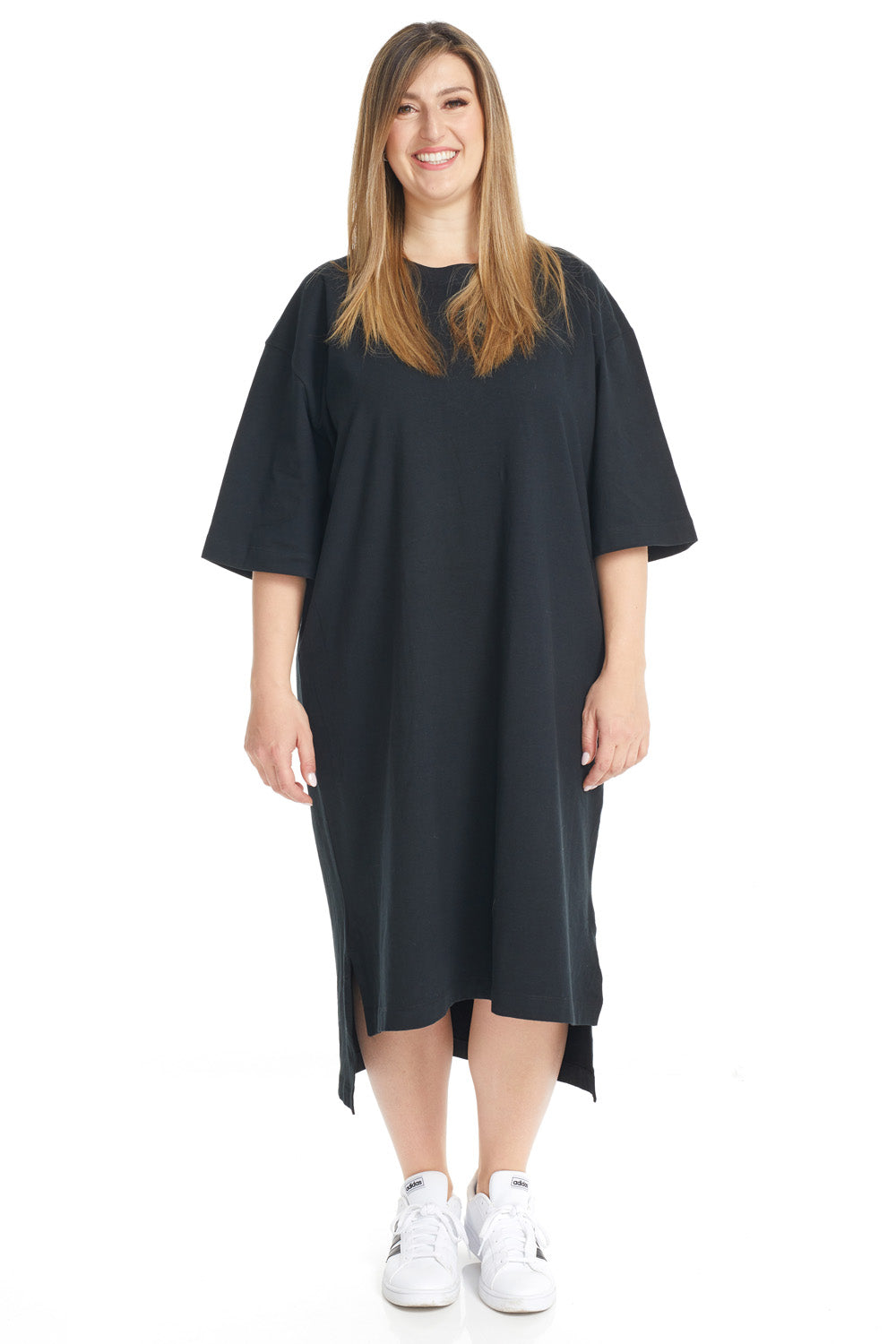 plus size long below the knee black high low cotton crew neck 3/4 sleeve t-shirt dress