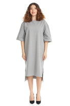 long midi length heather grey high low cotton crew neck elbow sleeve t-shirt dress