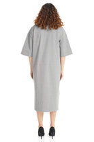 the back of long midi length heather grey high low cotton crew neck 3/4 sleeve t-shirt dress