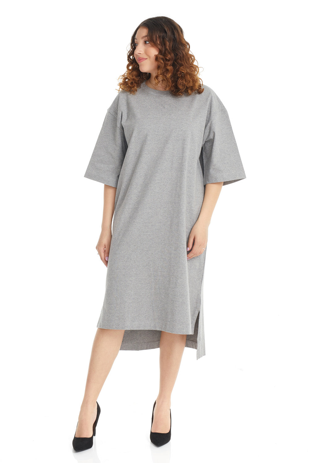 long midi length heather grey high low cotton crew neck 3/4 sleeve t-shirt dress