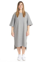 plus size long below knee length heather grey high low cotton crew neck 3/4 sleeve t-shirt dress