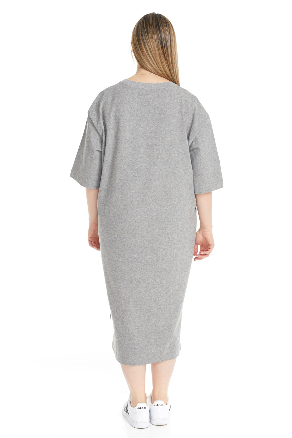 the back of plus size long midi length heather grey high low cotton crew neck 3/4 sleeve t-shirt dress