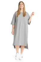 plus size long midi length heather grey high low cotton crew neck 3/4 sleeve t-shirt dress