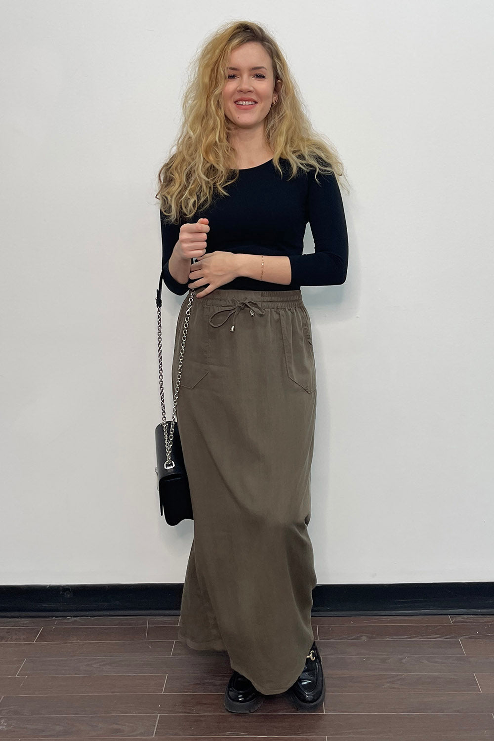 army green long maxi skirt with pockets