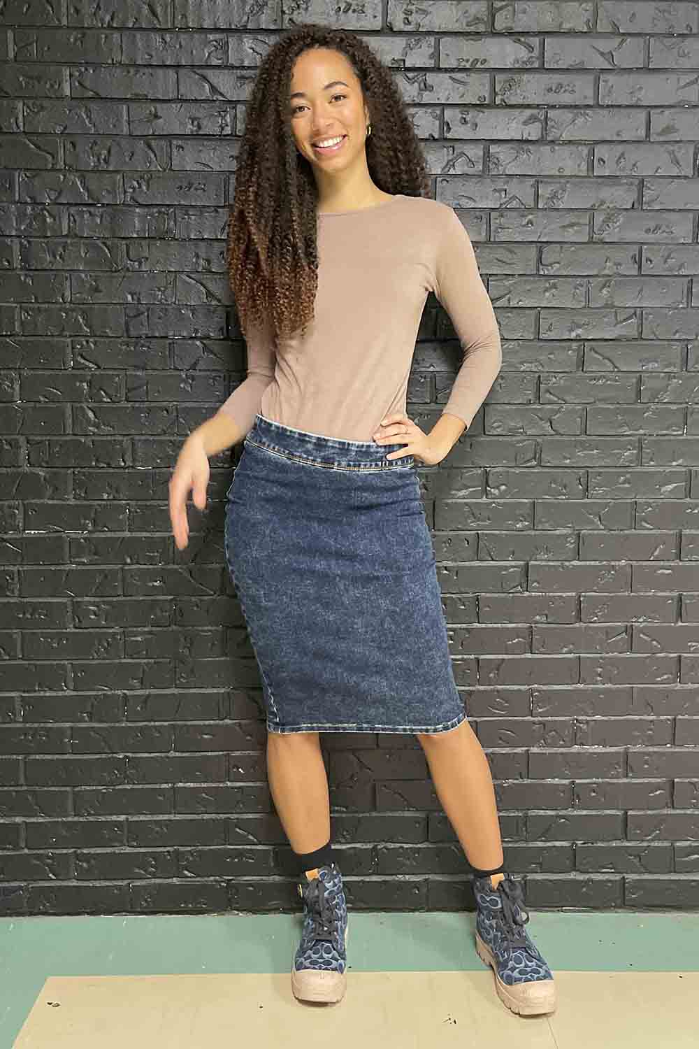 Blue pull-on knee length jean pencil skirt with stretch and no pockets