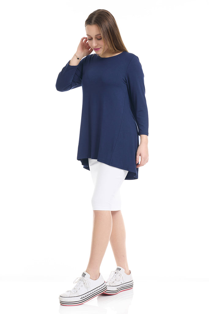 navy blue crew neck high-low loose tunic top for women