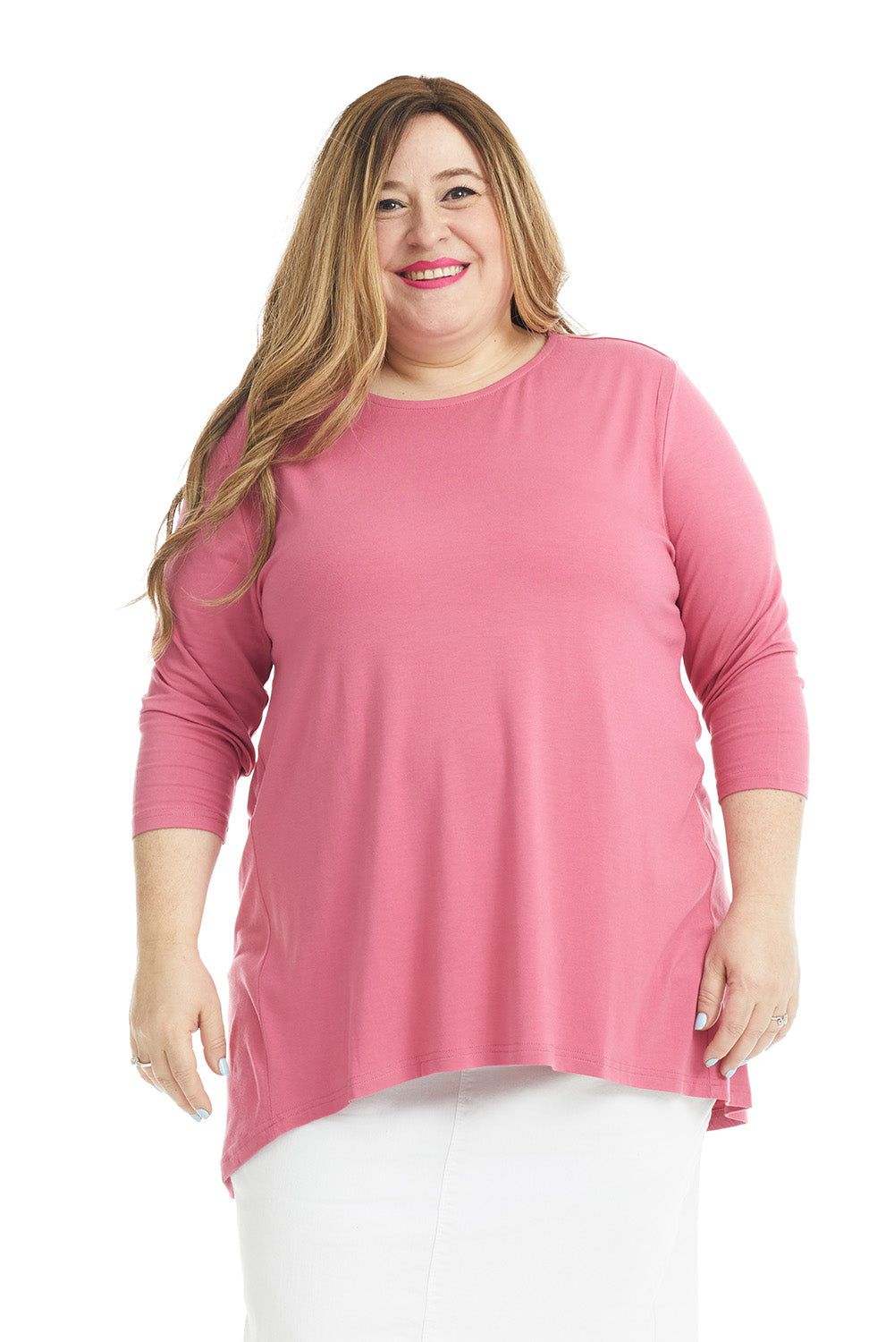 pink basic tznius flattering loose tunic plus size shirt