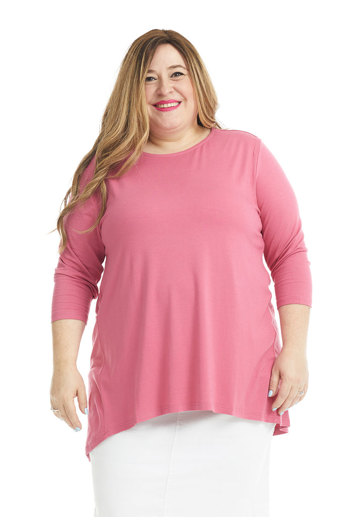 pink basic tznius flattering loose tunic shirt