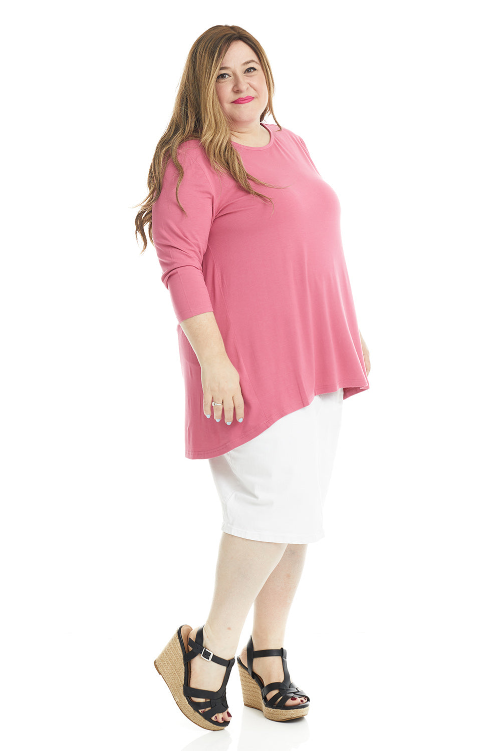 vibrant pink high-low loose tunic top for plus size women good for maternity