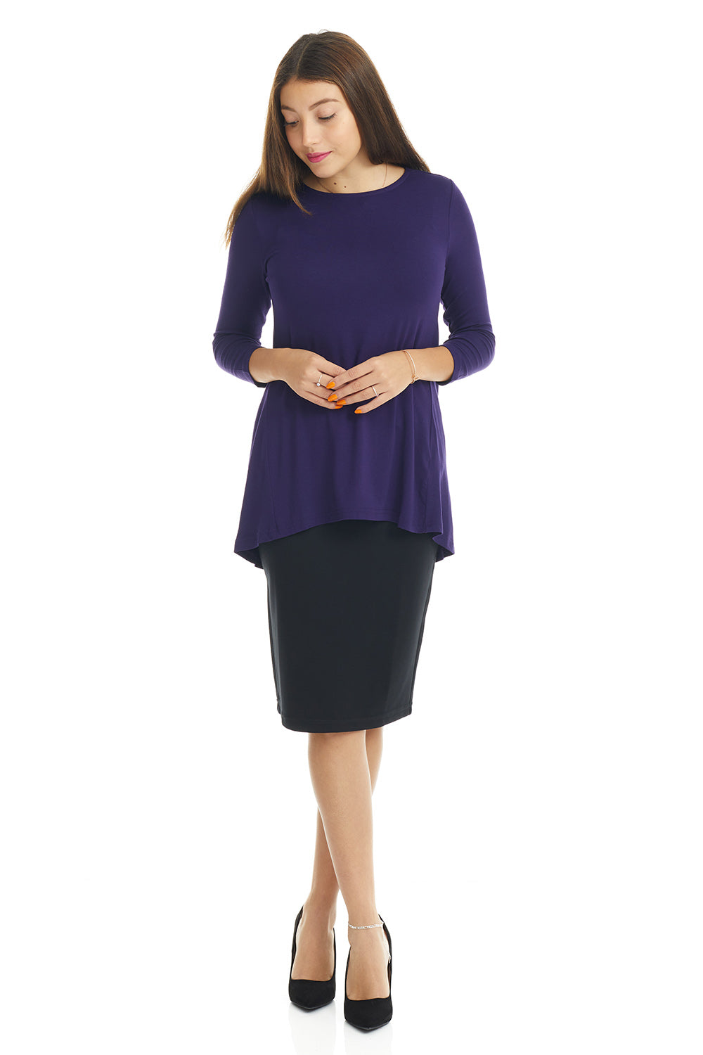 purple crew neck high-low loose tunic top for women