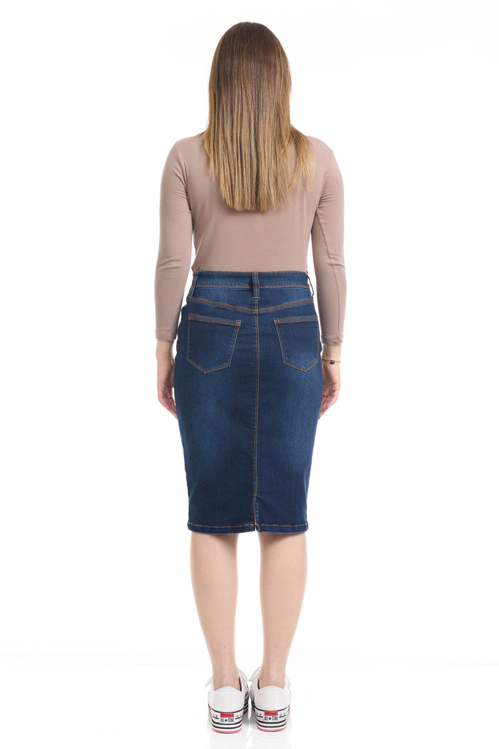 tznius knee length stretchy blue denim jean skirt for women
