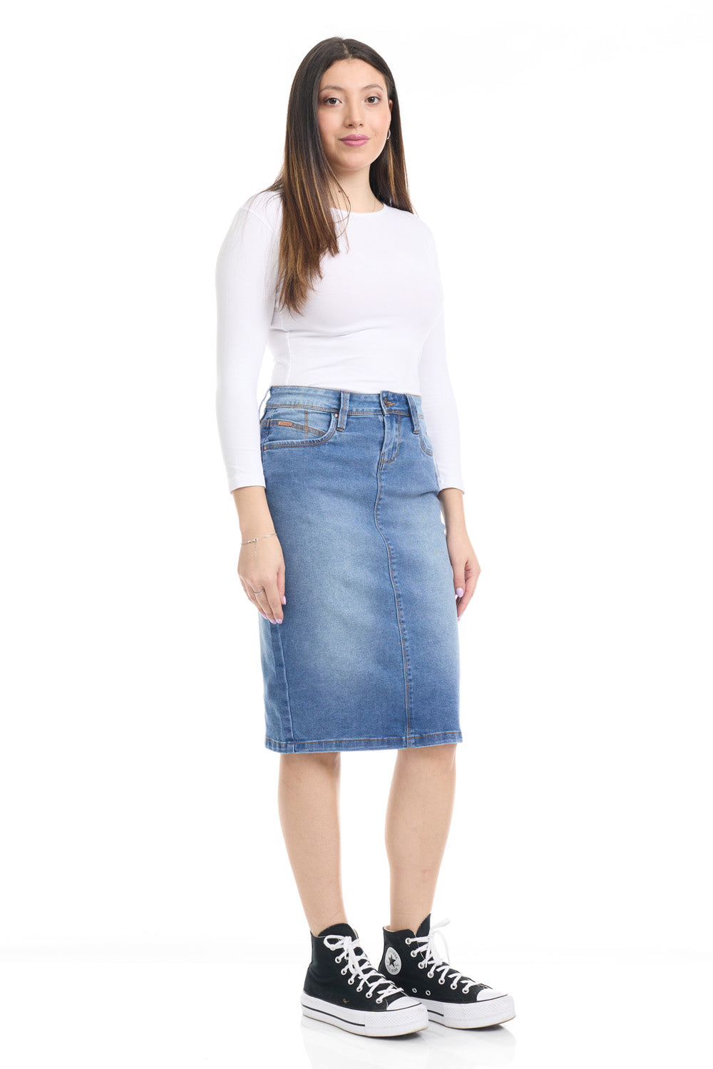 blue jean modest knee length stretchy denim skirt for women
