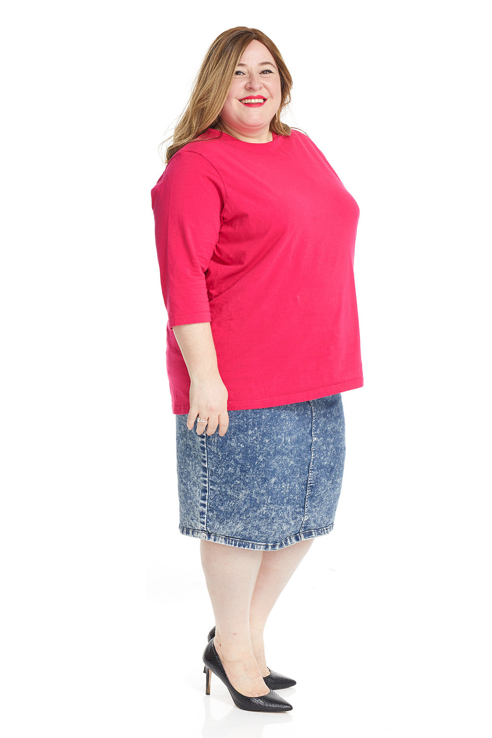 acid wash plus size below the knee denim jean skirt with pockets and tummy control