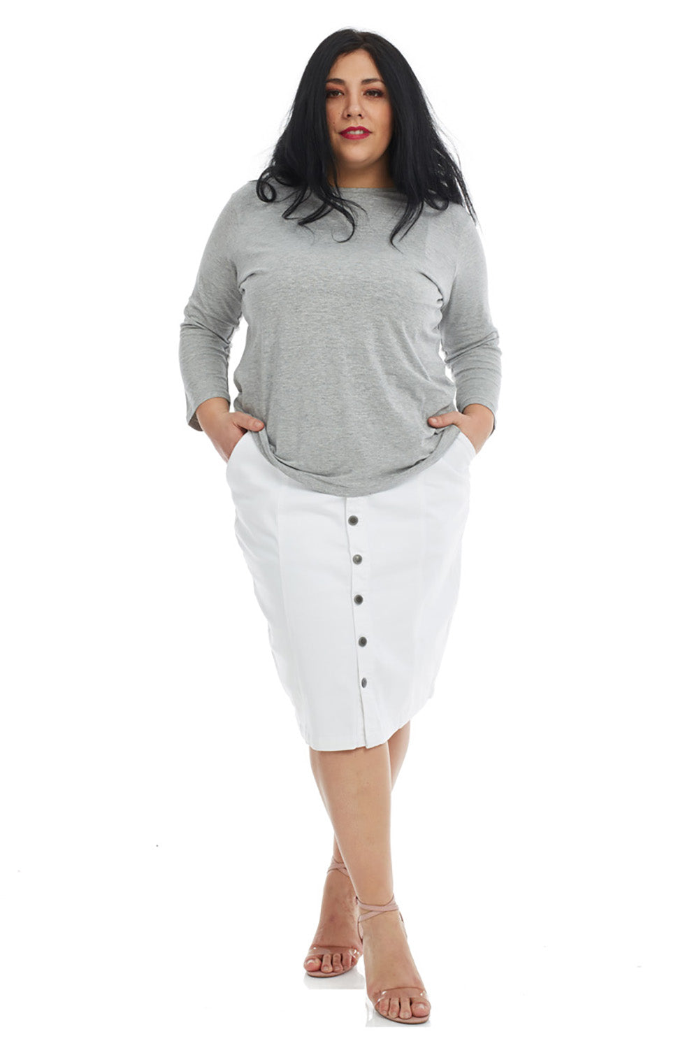 white below the knee plus size button down modest denim jean pencil skirt with pockets and belt loops
