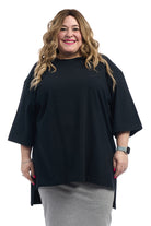 plus size black 3/4 sleeve loose cotton long tunic top tshirt