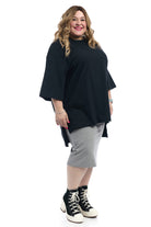 plus size black 3/4 sleeve loose cotton high lowl ong tunic top tshirt