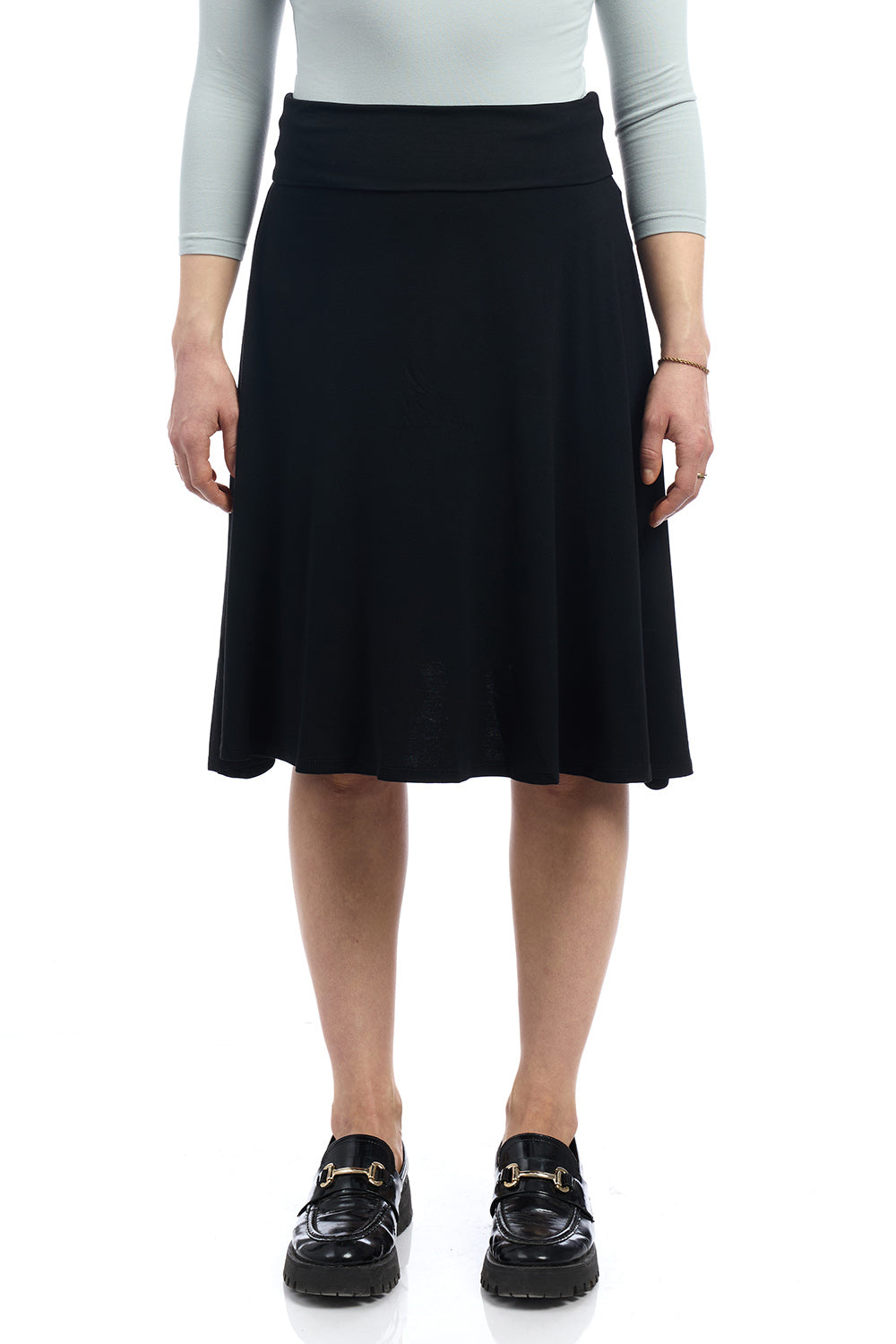 black knee length fold over skirt midi