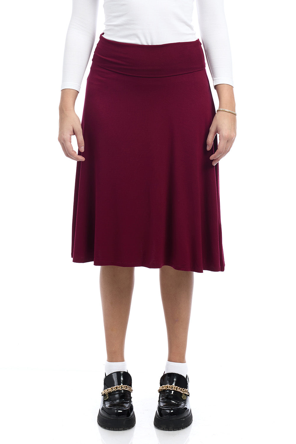 Old Navy inspired foldover flare midi burgundy skirt