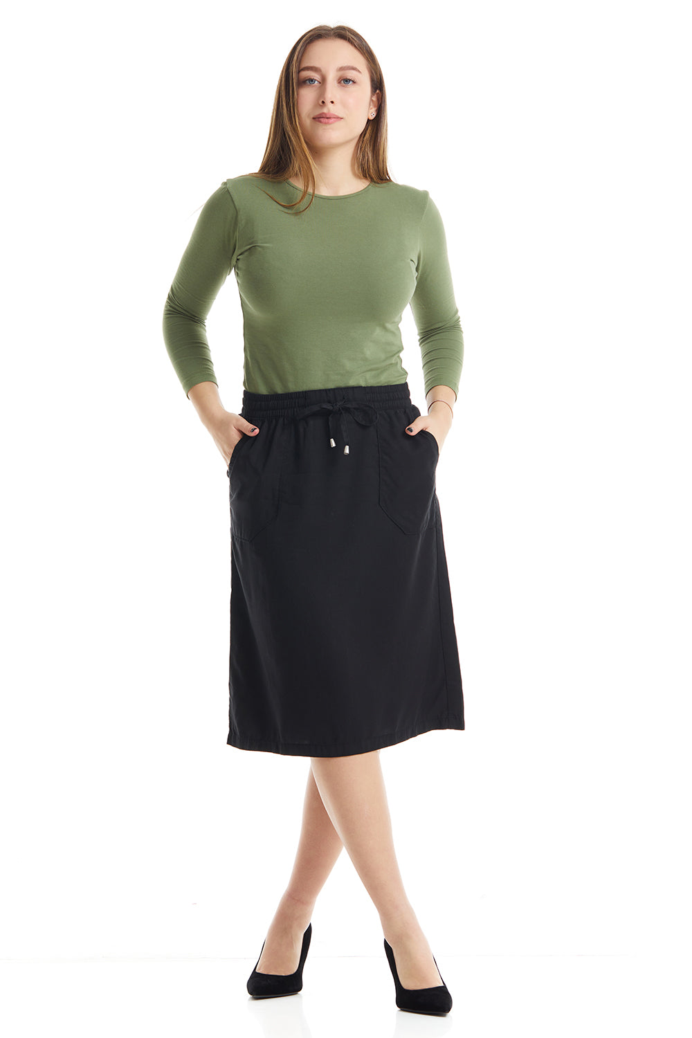 black knee length modest a-line flary skirt with pockets and drawstring waistband