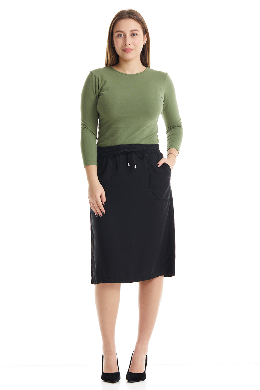 black skirt with slash pockets and an elastic drawstring waist
