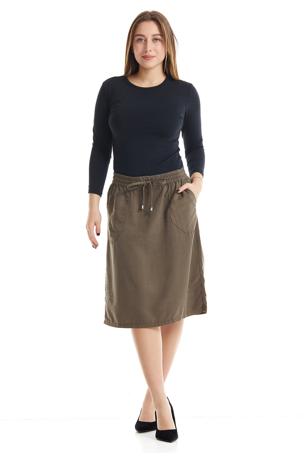 olive green pull on skirt with elastic waistband and drawstring closure