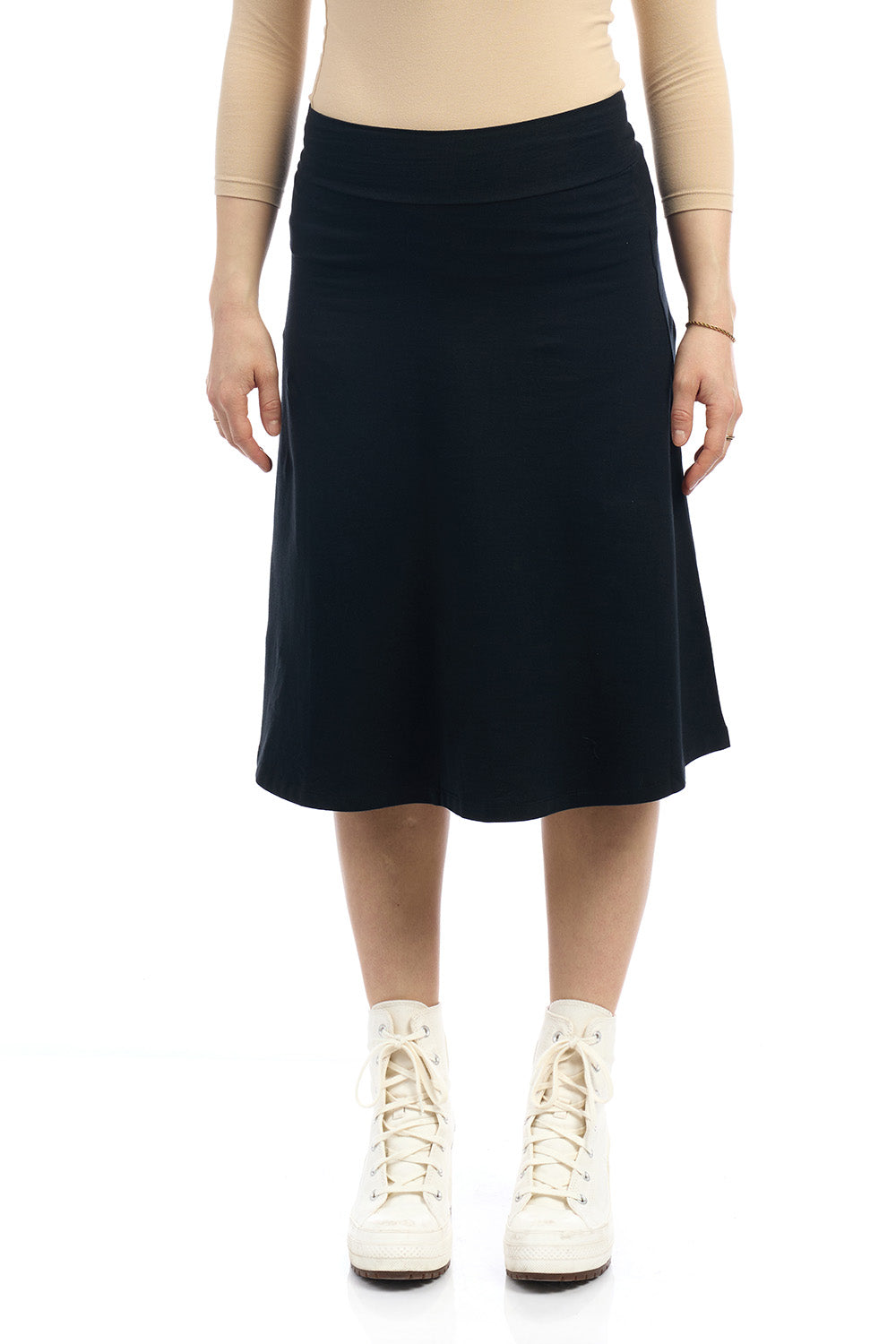 25 inch black a-line below knee length midi cotton skater skirt