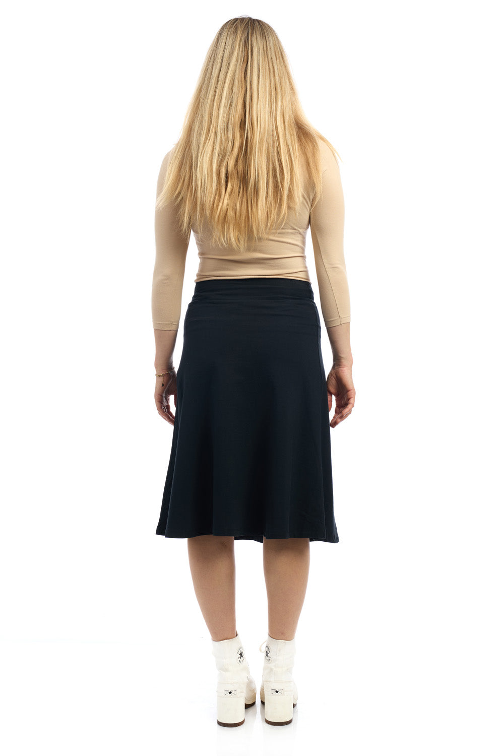 the back of 25 inch black a-line below knee length cotton skater skirt