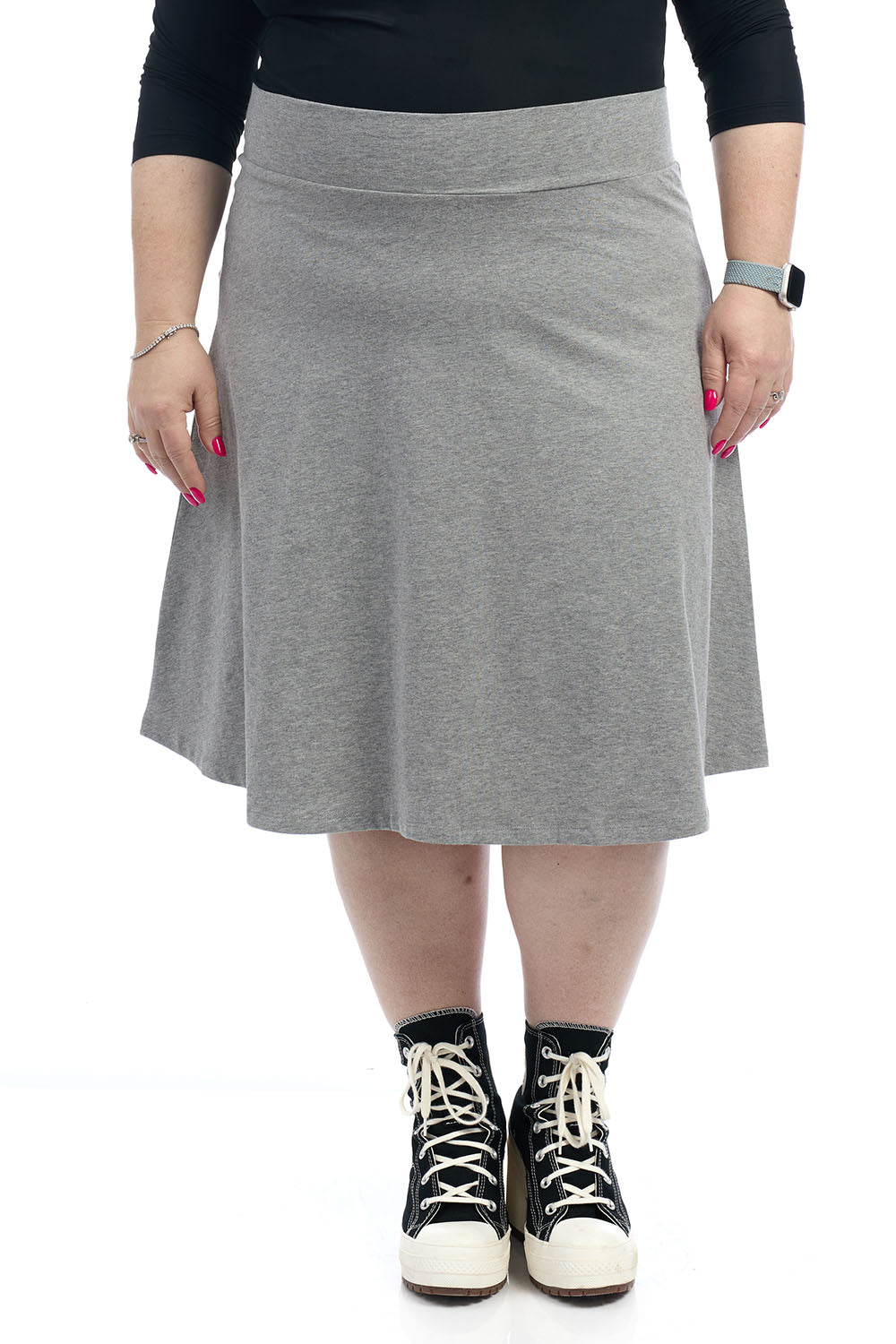 25 inch plus size heather grey a-line below knee length cotton skater skirt