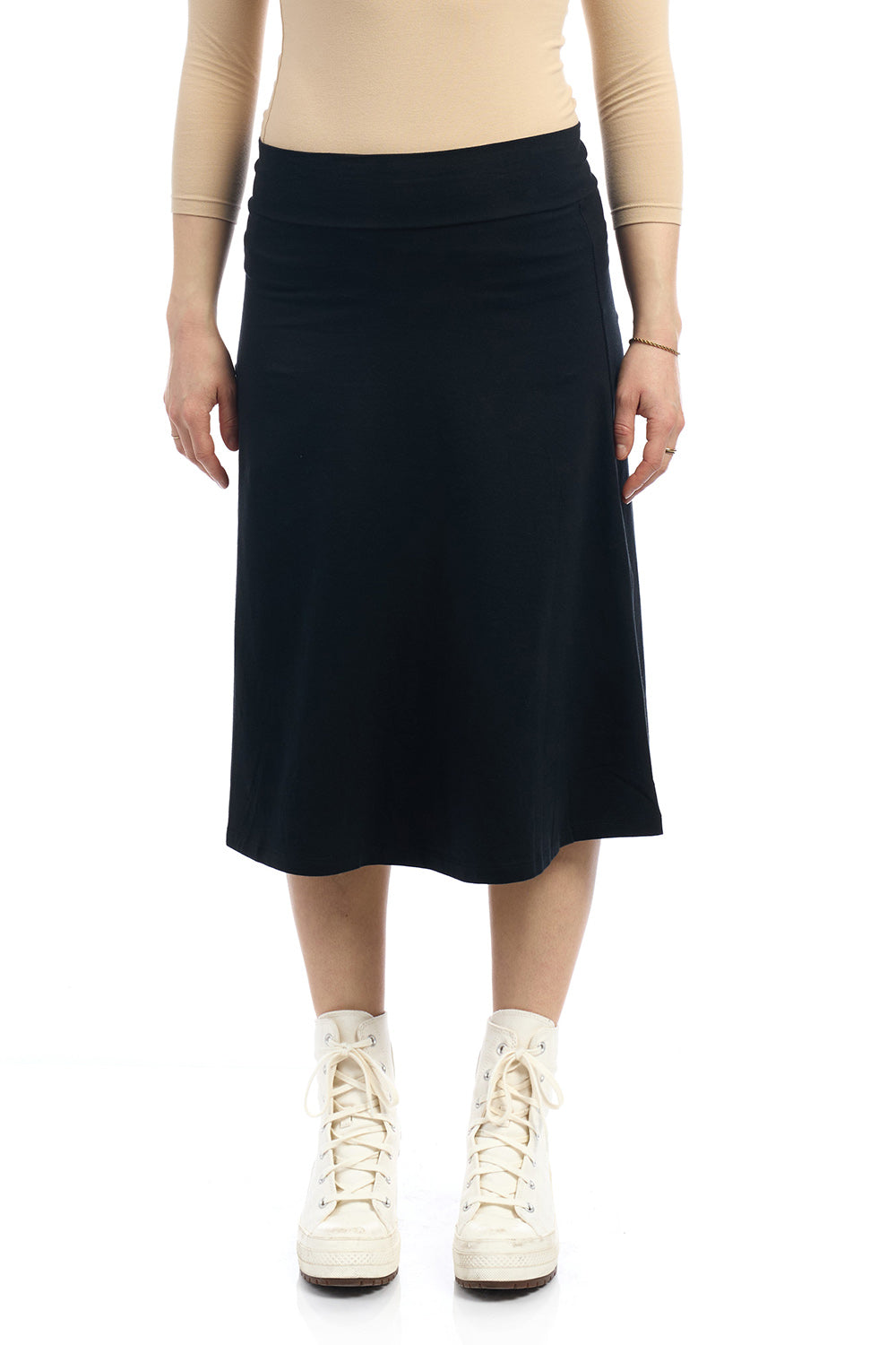 27 inch black a-line Midi length cotton skater skirt