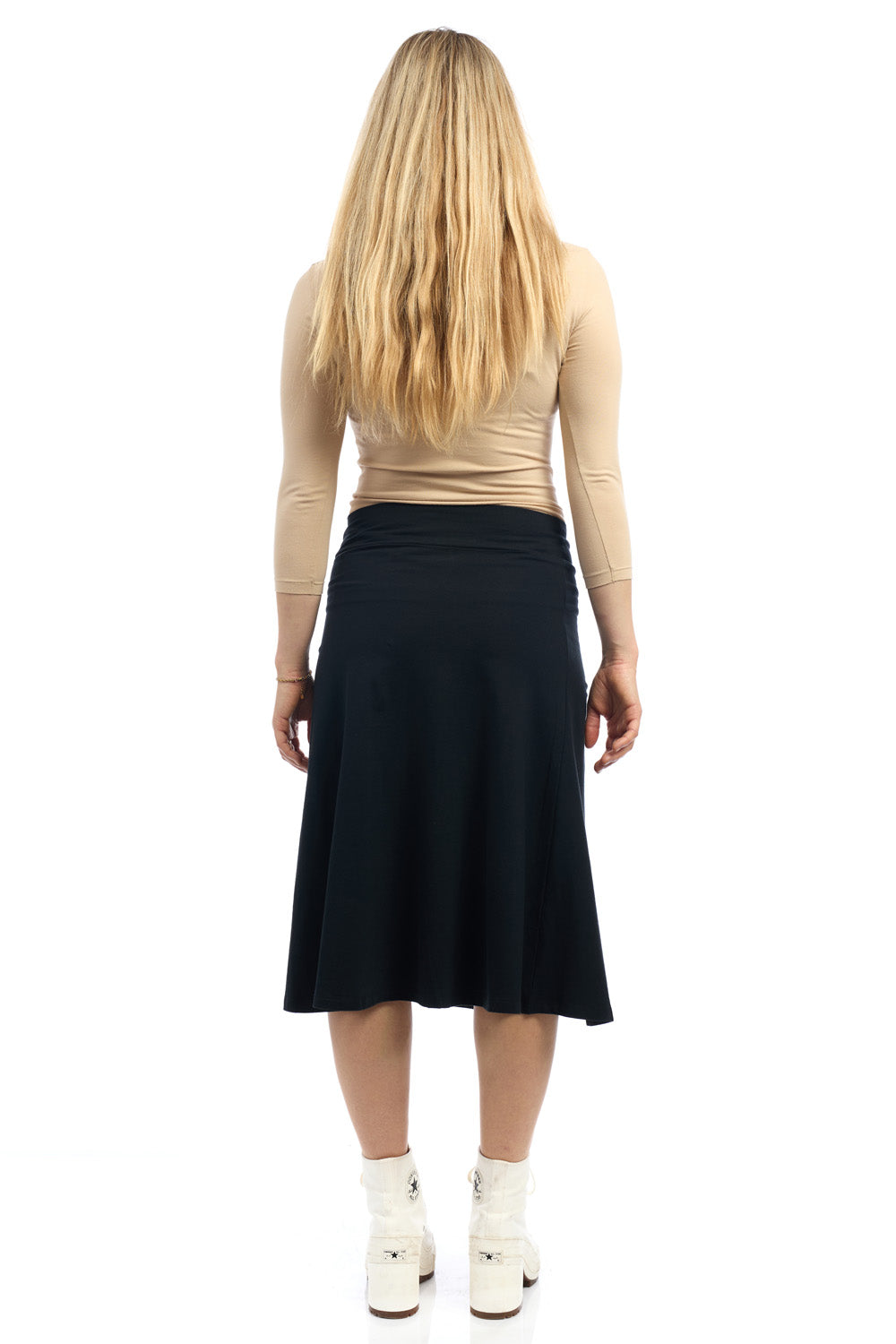 the back of 27 inch black a-line below knee length cotton skater skirt