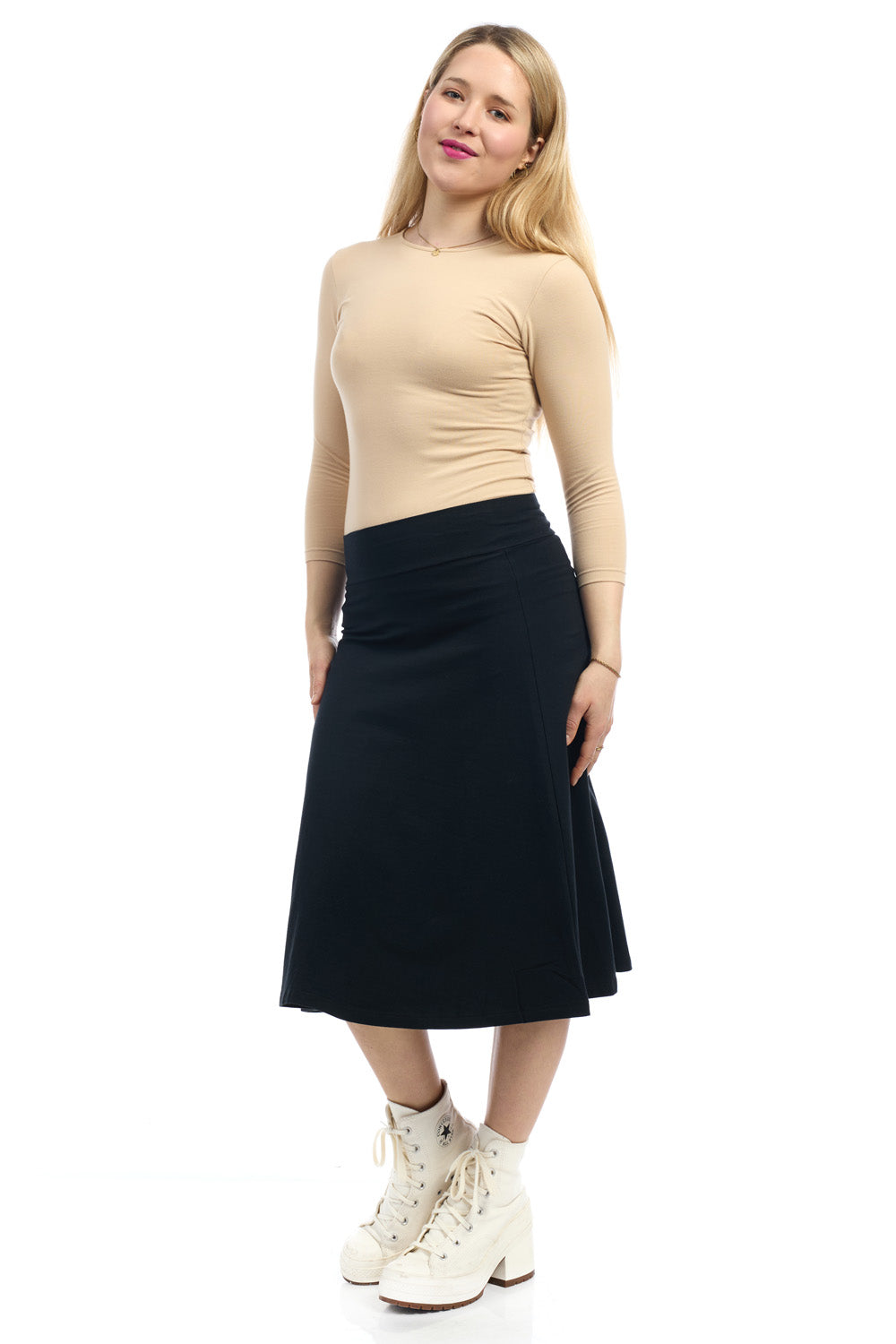 27 inch black a-line below knee length cotton skater skirt