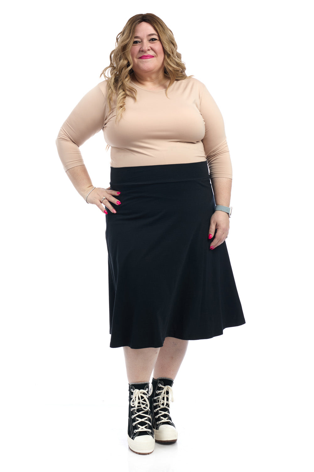 27 inch plus size black a-line below knee length cotton skater skirt