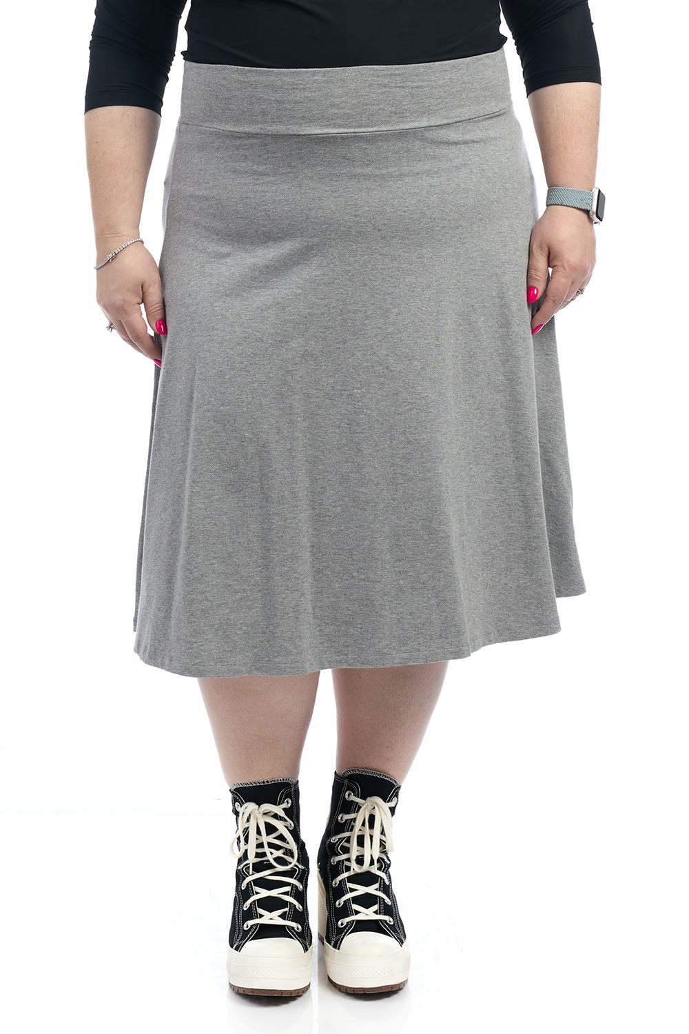 27 inch plus size grey a-line Midi length cotton skater skirt