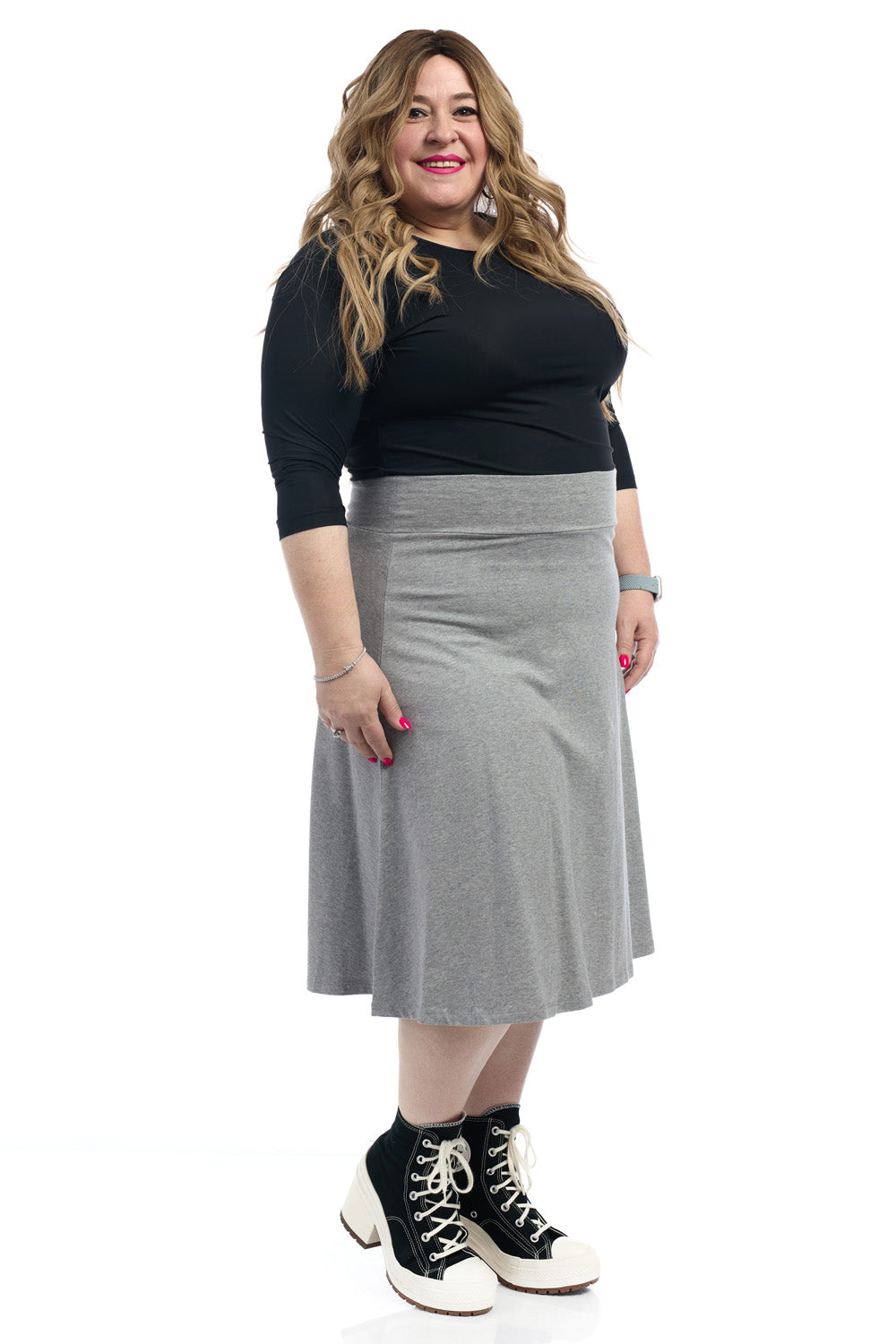 27 inch plus size heather grey a-line below knee length cotton skater skirt