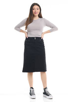 black below the knee a-line denim skirt with braided waistline and belt loops