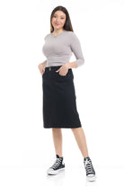 black 2-button and zipper closure A-line flary jean skirt 