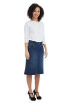 blue 2-button and zipper closure A-line flary modest jean skirt 