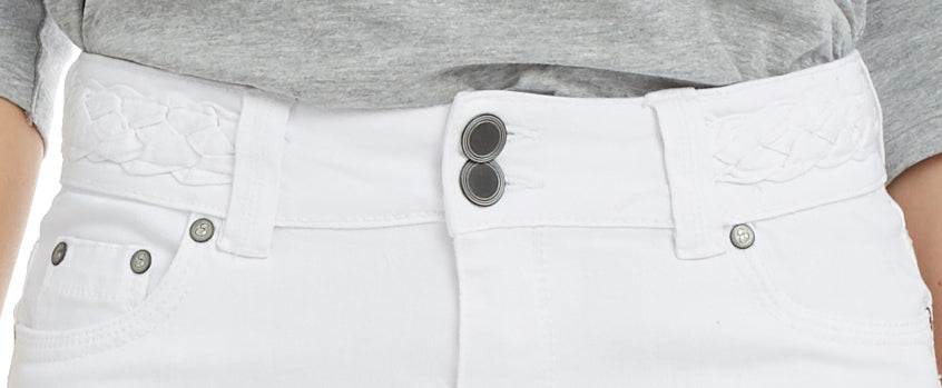 white below the knee a-line denim skirt with braided belt